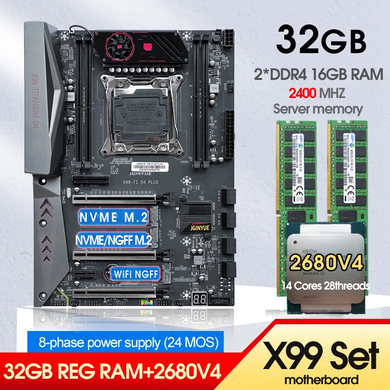 X99 Combo Combo Xeon E5 2680 V4 Kit CPU LGA 2011-3 2*16 GB = 32 GB DDR4 RAM Pamäťová podpora NVME M.2 USB 3.0 Titanium D4