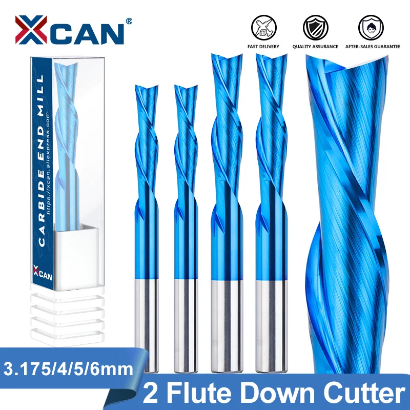 Xcan 2 Flauta Cutter 3,175-12 mm driek ľavej ruky nadol Karbid špirálovitý koncový mlyn na rezanie hliníka CNC router bit