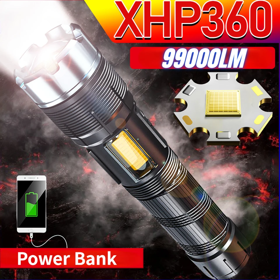 XHP360 Vysoký výkon LED priblíženie baterky s nabíjateľnými 7 režimami COB TATICKÝ TORICKÝ POČAS