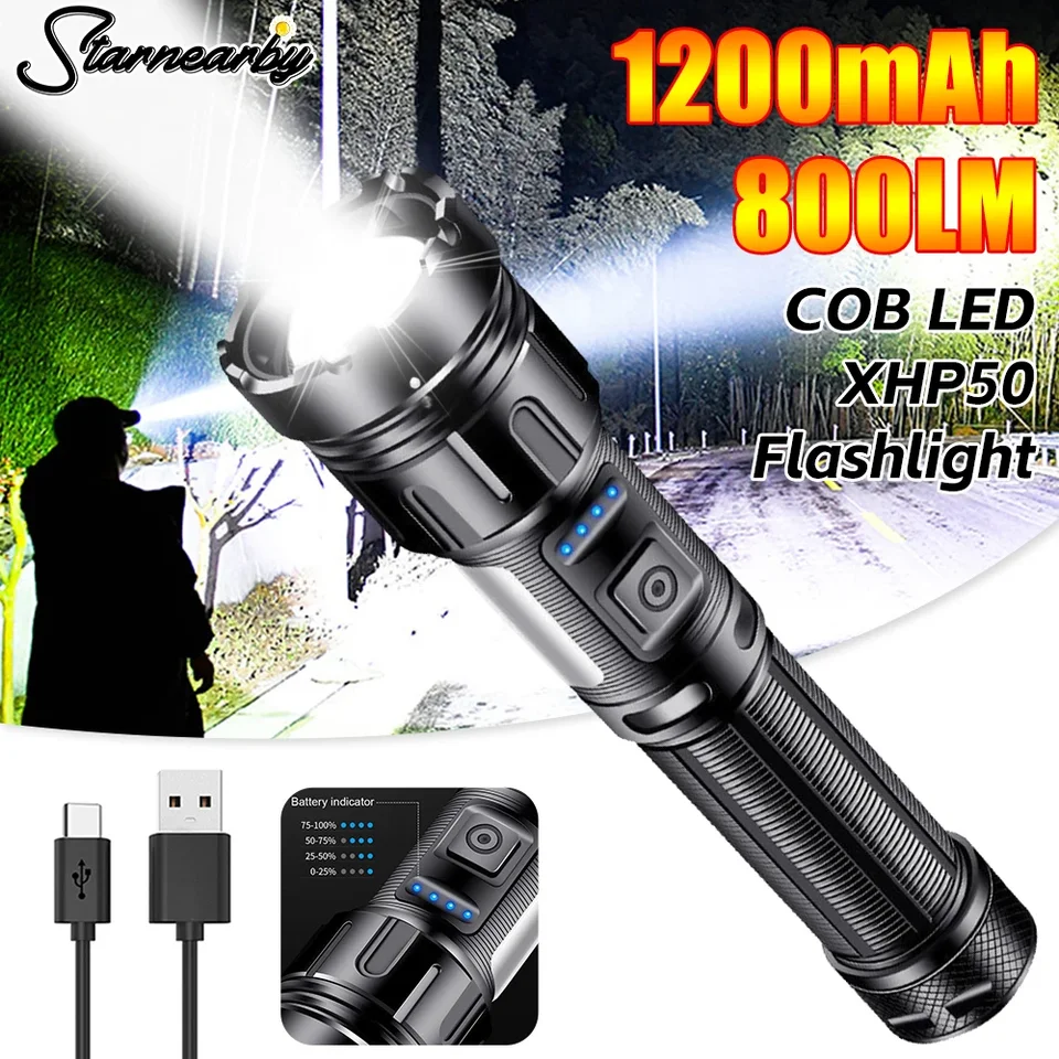 XHP50 Výkonná LED baterka Núdzové baterky USB nabíjateľné COB Torch Light Outdoor Witerprood Zoom Camping Lantern