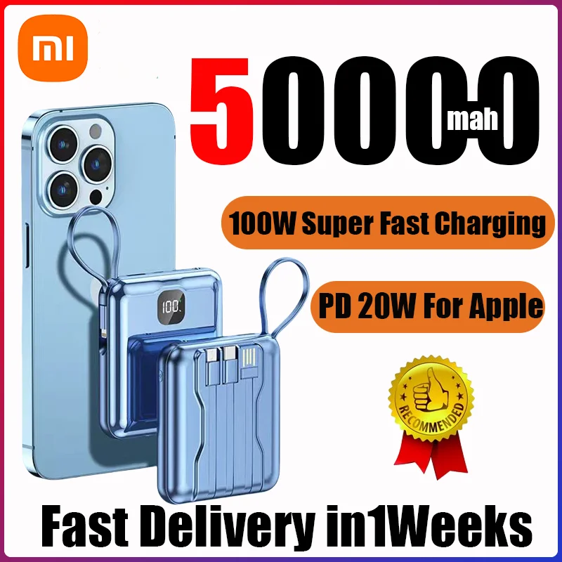 Xiaomi 50000 mAh Power Bank Super rýchle nabíjanie veľká kapacita 4 v 1 vstavaných kábloch Prenosná externá batéria pre iPhone Samsung