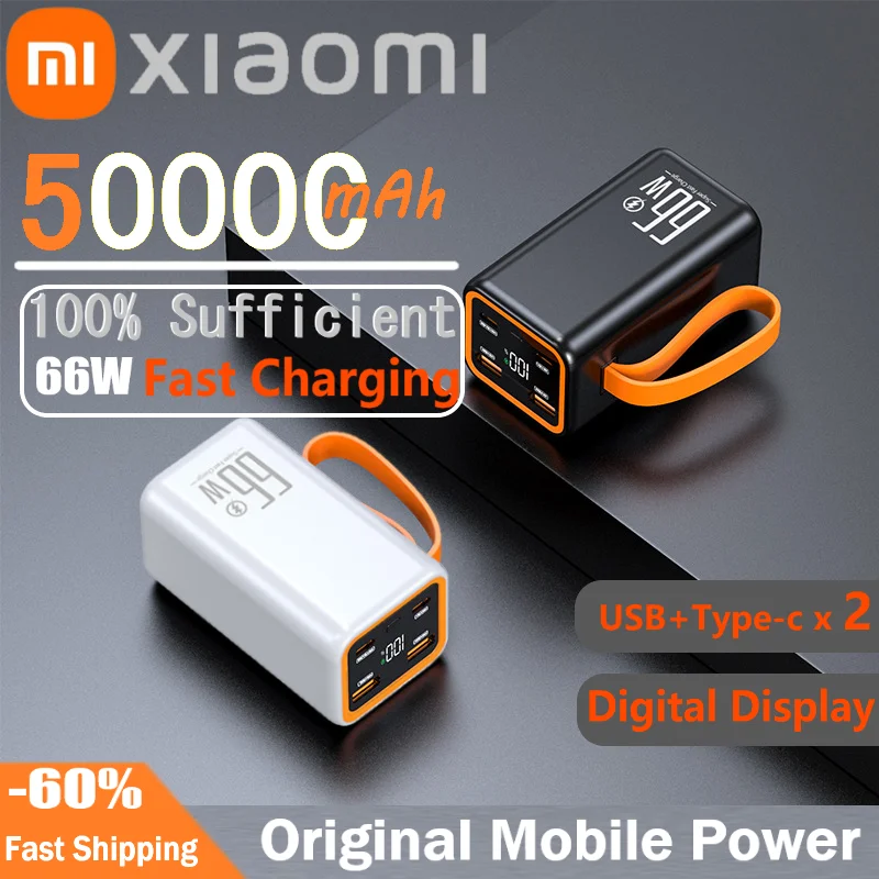 Xiaomi 50000 mAh Prenosná energia 66 W rýchla nabíjačka 100% dostatočná batéria Dual USB Type-C s šnúrkou pre iPhone Samsung New