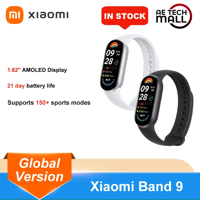 Xiaomi Band 9 Globálna verzia 1,62 '' AMOLED Ultra dlhá výdrž batérie 21 dní Miband Smart Bracelet 150+ Sports Modes Blood Oxygen