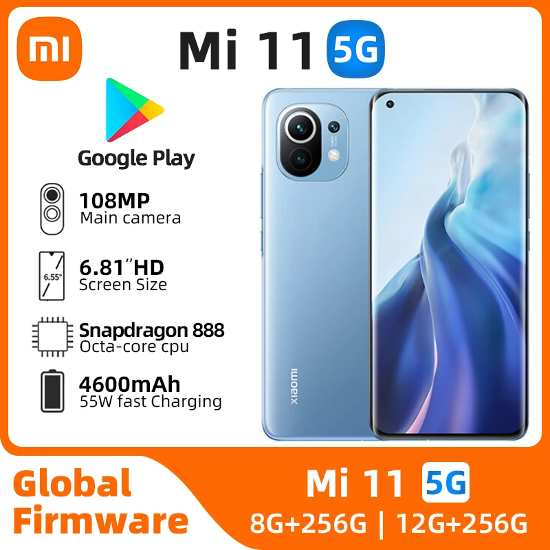 Xiaomi Mi 11 Android 5G odomknutý 6,81 palca obrazovky 108 MP Camera 12 GB RAM 256 GB ROM Snapdragon 888 Originálny použitý telefón