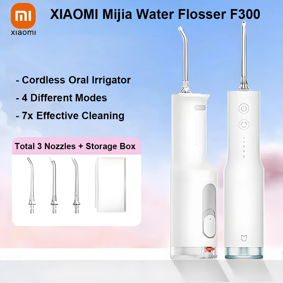 Xiaomi Mijia orálny zavlažovač F300, bezdrôtový prenosný elektrický zubný vodný flór Flosser Dainses Cleaning zubné 3 dýzy 4 režimy