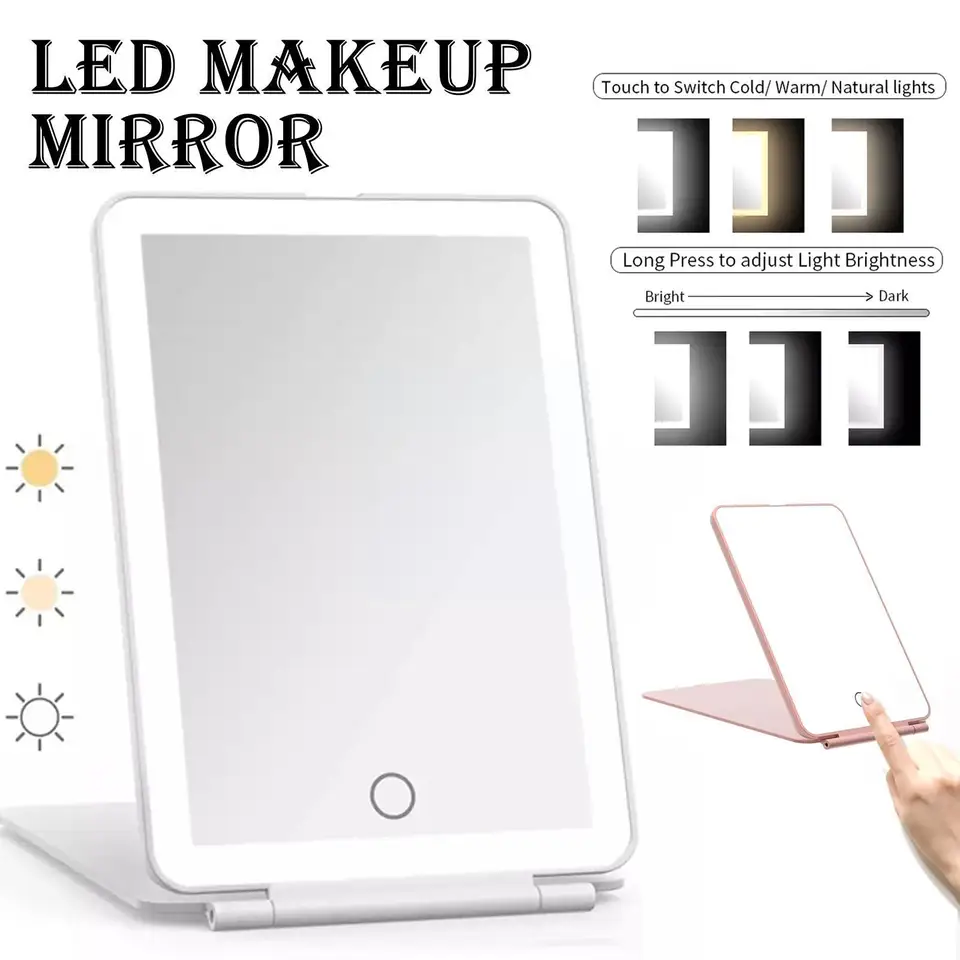 Xiaomi Prenosné skladacie zrkadlo osvetlené zrkadlo LED LED 3Colors Mirror Cestujte USB toaletný stolík s nabíjaním svetla make -up