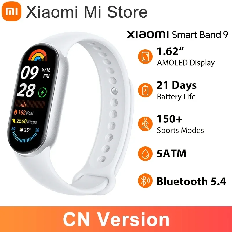 Xiaomi Smart Band 9 CN Verzia 1,62 '' AMOLED Display 21 dní životnosť batérie Bluetooth 5.4 podporuje 150+ športových režimov 5ATM