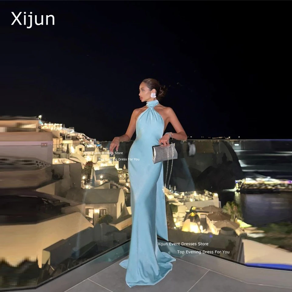 Xijun Blue Sain Dlhé večerné šaty bez rukávov Saudská arabra jednoduché plesové šaty bez podlahovej dĺžky plesové šaty Dubaj ženy
