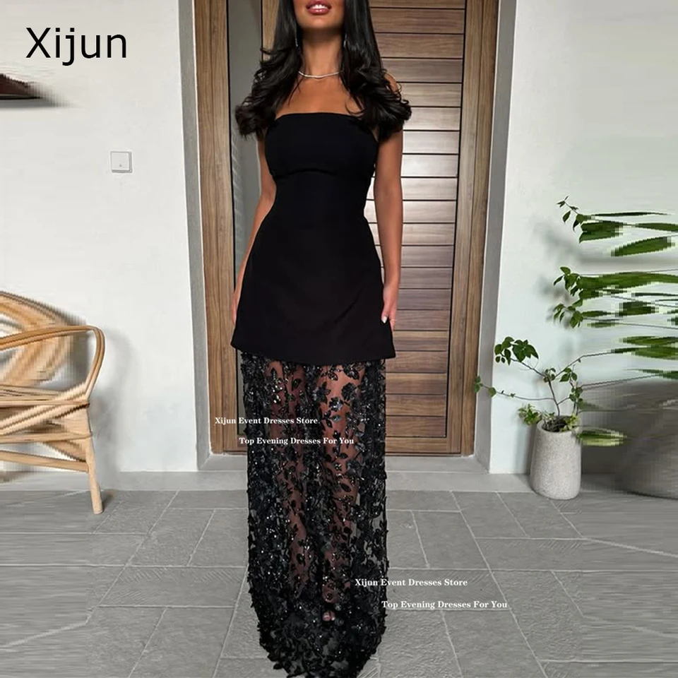 Xijun sexy čierne ples šaty saténové aplikácie korálky Korzet zadné večerné šaty Žena Elegantné dlhé šaty Prispôsobené
