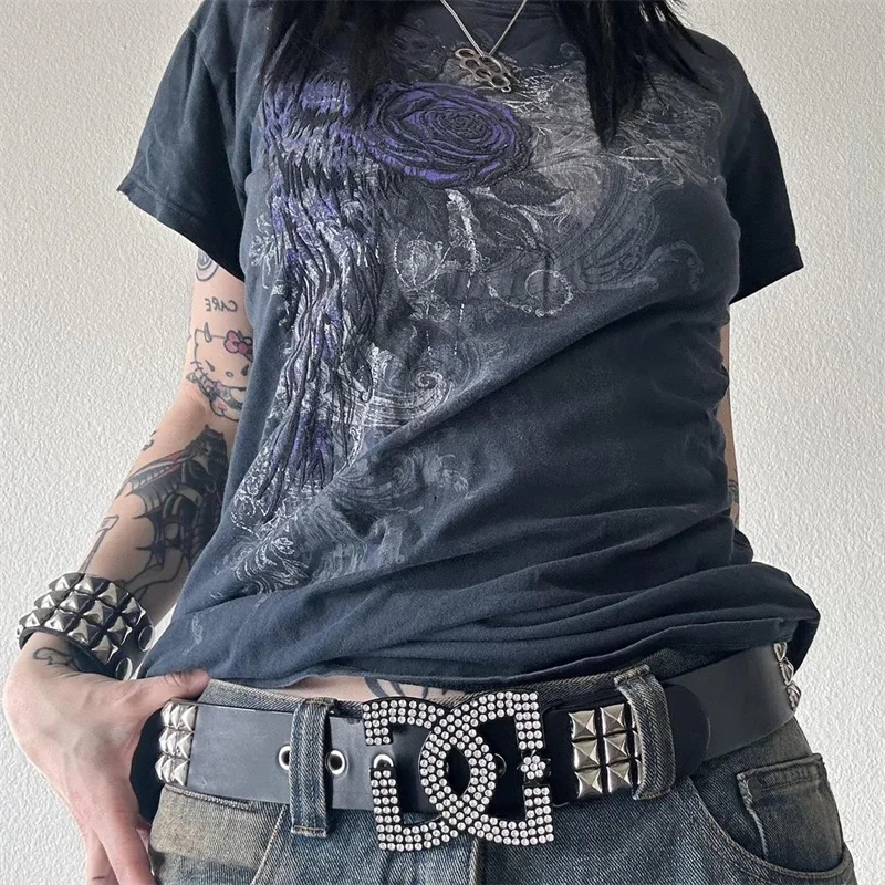 Xingqing y2k gotické vrcholy letné ženy grunge kvetinové krídla potlač o krk s krátkym rukávom tričká 2000. storočie estetické oblečenie Streetwear