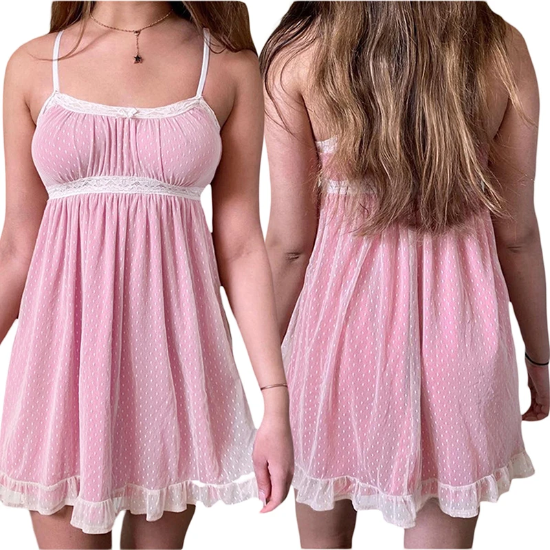 Xingqing y2k kawaii ružové šaty A-line 2024 letné ženy čipky Mini Sundress Fashion móda harajuku sladké e dievčatá oblečenie streetwear