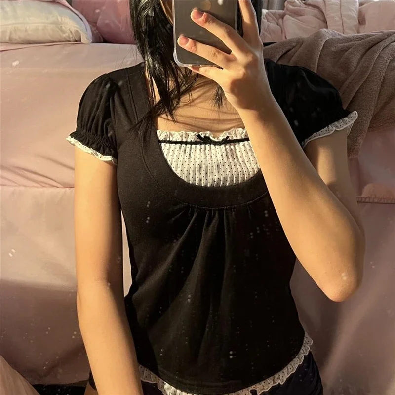 Xingqing y2k plodiny Top ženy kawaii vintage polka dot tlače záhyby luk patchwork tričká Kórejský štýl rozprávkové oblečenie streetwear
