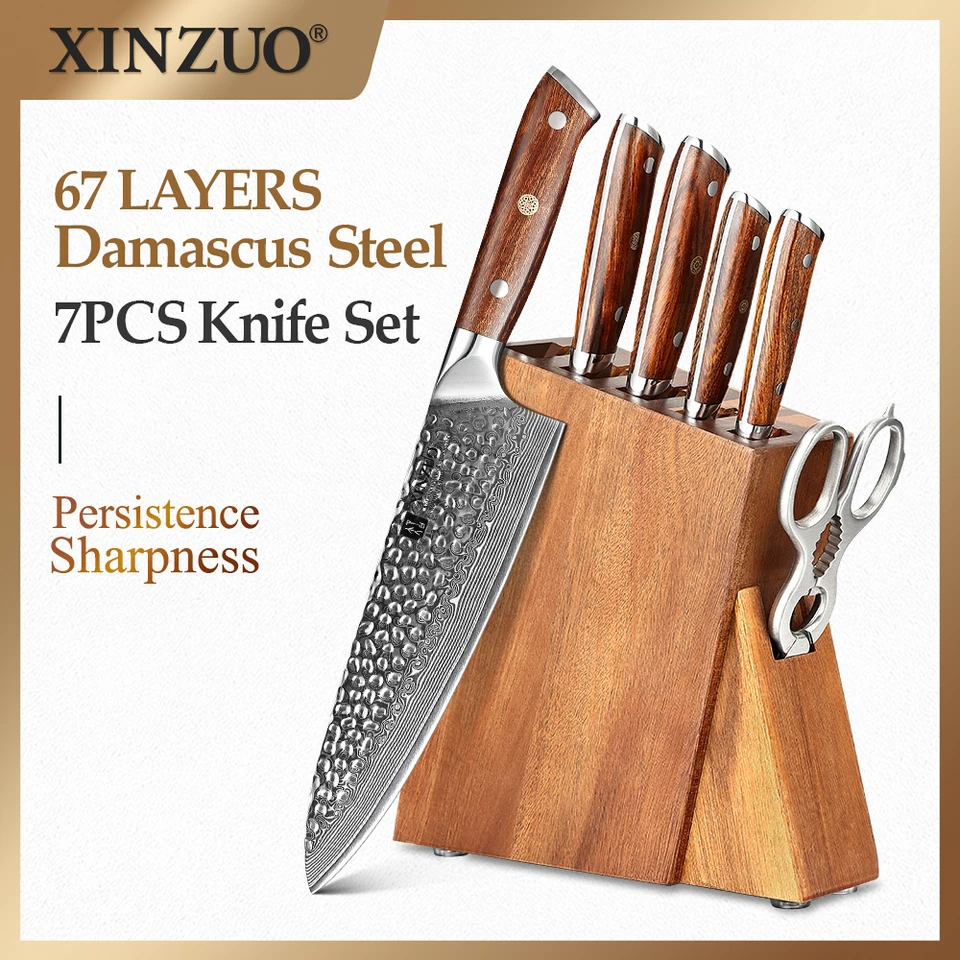 Xinzuo 7pcs kuchynský nôž sada damašku oceľ VG10 60 ± 2 HRC Chef Meat Mäso Santoku Cleaver Nož Nožnice