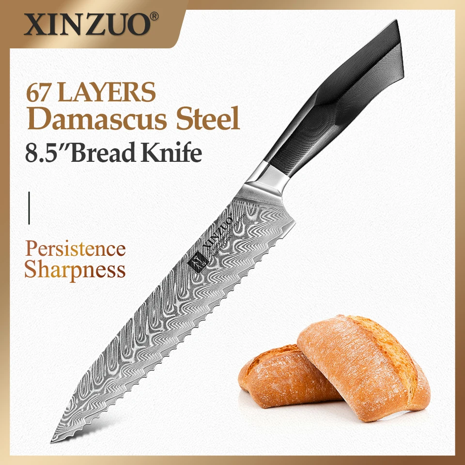 Xinzuo Nový navrhnutý 8,5 '' chlieb Nož Vysoké vrstvy HRC 67 Damascus Steel Blade Black G10 s mozaikou mosadznou rukoväťou