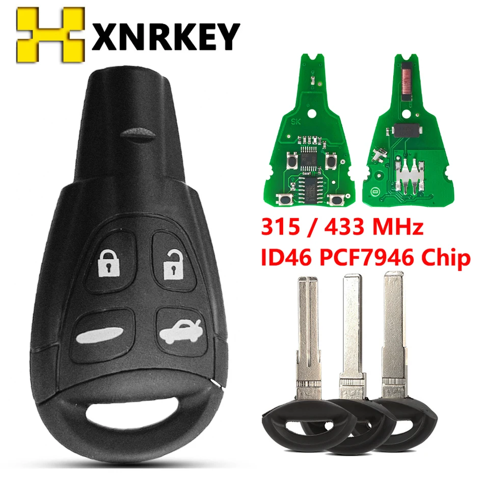 XnRey LTQSAAM433TX 315/433MHz CAR DISTATE COLLEGE ID46 PCF7946 ChIP pre SAAB 9-3 95 93 95 2003-2011 s čepeľou vložky kľúčov