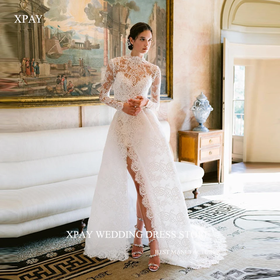Xpay vysoký krk dlhé rukávy Ladné svadobné šaty klasické rozdelenie linky Elegantné svadobné šaty robe de mariage skromný kostol