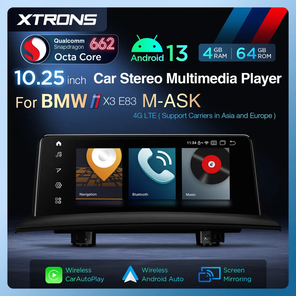 Xtrons 10.25 '' Android 13 8-jadrové multimediálne hráč pre BMW X3 E83 M-Ask Systémové vozidlá s CarPlay Android Auto DSP 4+64