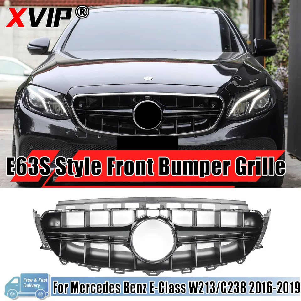 XVIP Chrome E63S Style Grille pre Benz E-Class W213/C238 2016-2019 E180 E220 E350 E43 AMG Coupe Black Front Bumper Racing Grille Grille