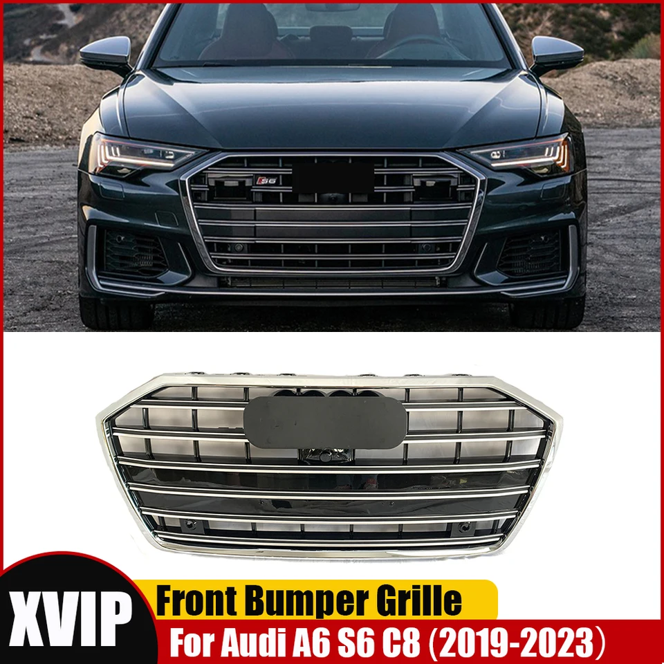 XVIP Chrome Silver Radiator Grill Racing Grills pre Audi A6 S6 C8 2019-2023 S Style Horná chrómová mriežka Black predný nárazník mriežky