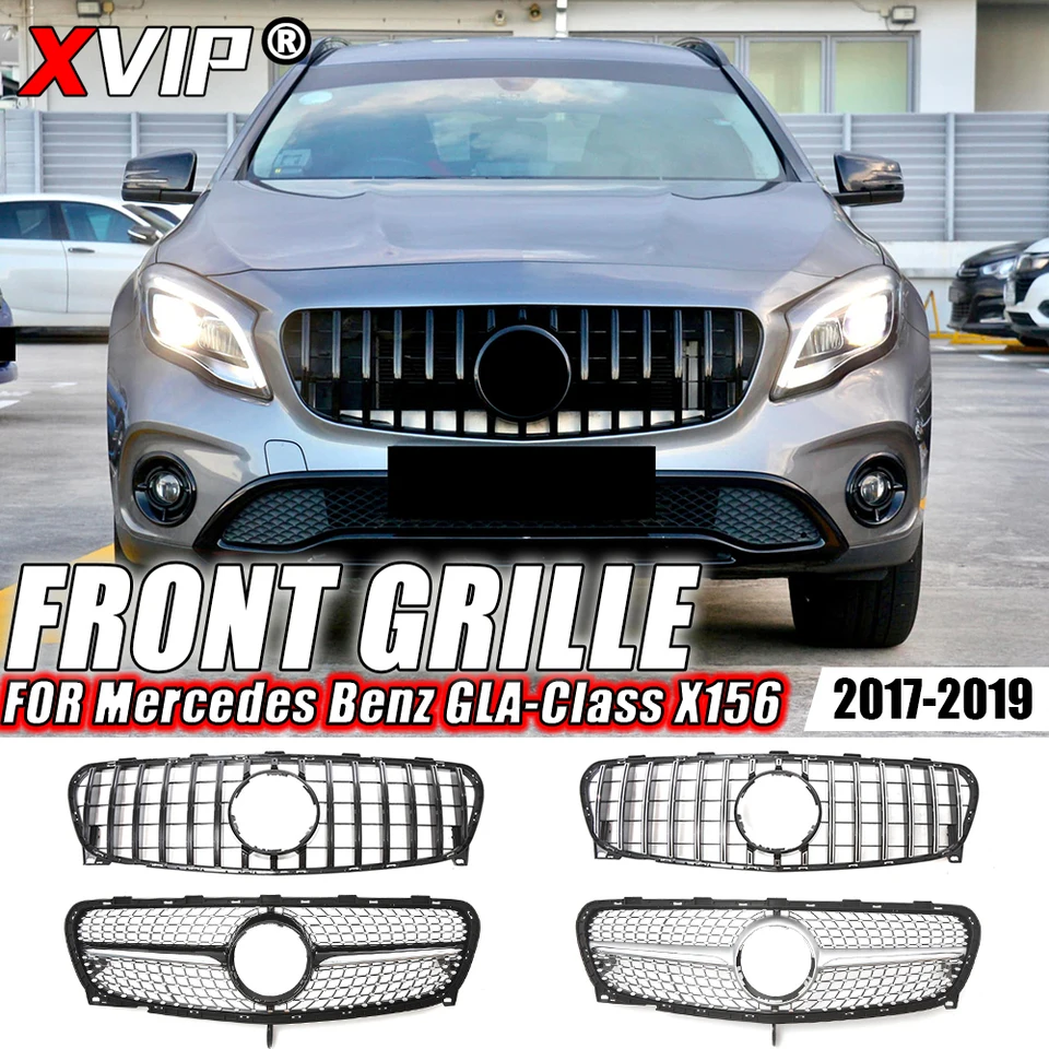 XVIP Glosy Black GTR v štýle predného nárazníka pre mriežku pre Mercedes Benz GLA trieda x156 GLA200 GLA250 17-19 Diamantové štýly Horná mriežka