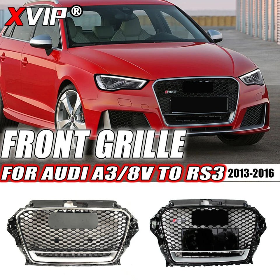 XVIP Vysoko kvalitná plástová mriežka pre Audi A3 8V až RS3 Style 2013-2016 Chrom Silver a Black Front Bumper s mriežkou s Quattro