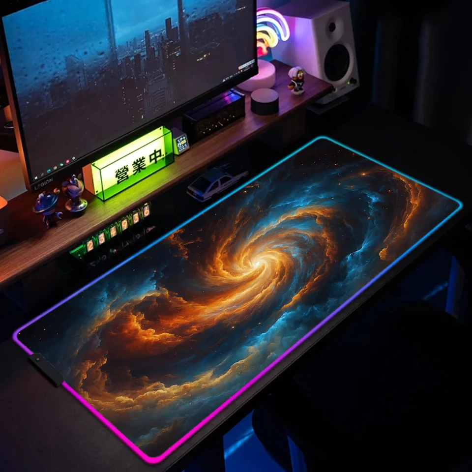 XXL RGB Gaming Mouse Pad Space téma Gumber Anti-Slip Desk Mat Gamer Accessories Veľký LED svetlo počítačový koberec s podkrenom
