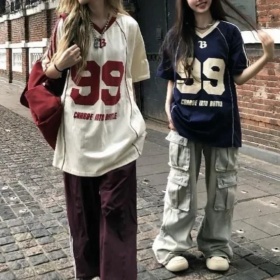 Y2K American Retro zostrihovanie hip hopu letný goth trend dizajn pár kontrastné farebné voľné športové top ulica v krku tričko