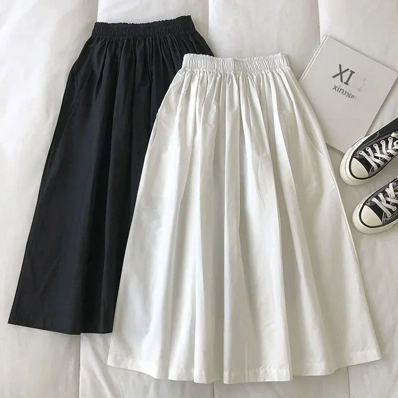 Y2k biela miidi sukňa vintage skladaná dlhá sukňa pre ženu pevná farba elegantná vysoká paska Line žena anjelské sukne