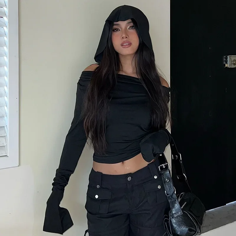 Y2K Black Folds Crep Top s kapucňou s plným rukávom tričko Ženy punk gothic móda jeseň