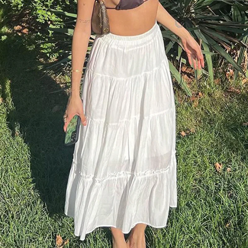 Y2K Bohemian Style White Patchwork dlhá sukňa 2023 leto Nové tenké a voľné montáž Vonky všestranné ležérne sukňa