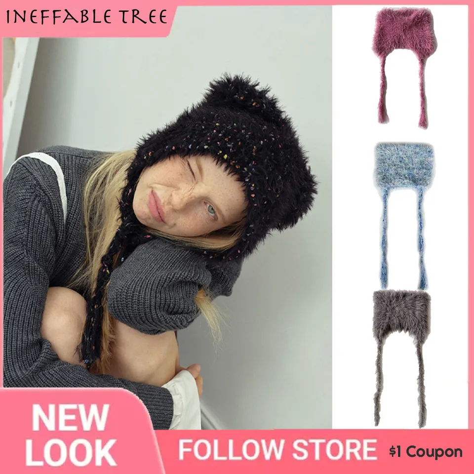 Y2K Cashmere Women Winter Lace Up Hat Balaclava Hats Autumn Winter Warm Pullover Snood golier kapota medveď gorras hombre
