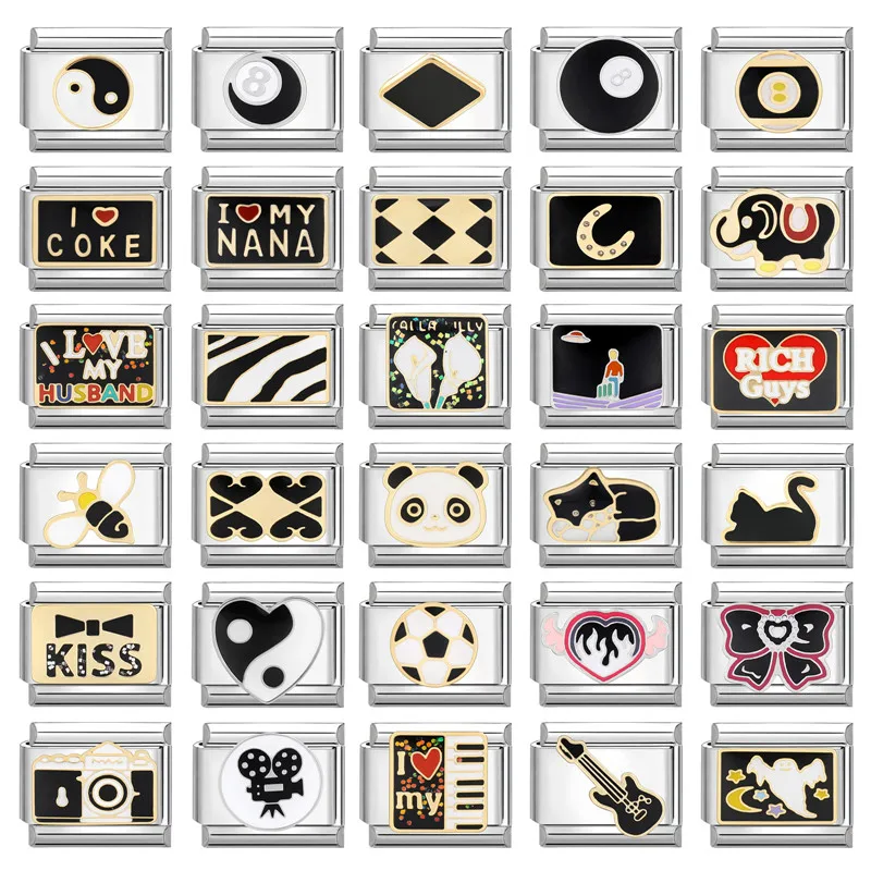 Y2K Charm Plaid Plaid Panda Camera Piano Guitar Talianske kúzlo Links Fit 9mm náramok z nehrdzavejúcej ocele DIY šperky výroby veľkoobchod