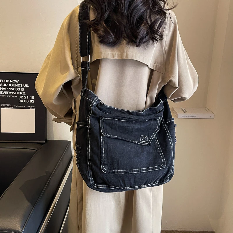Y2K Dámske džínsové tašky Messenger vreciek Vintage Tote Handbag zips sachel džínsové džínsy krížové tašky Eco Bag Korean nakupujúci vrecká