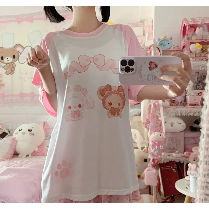 Y2K Dámske oblečenie králika roztomilé ružové kawaii tričko Patchwork s krátkym rukávom Tops 2024 Loose Harajuku Subkultúra Chic Sweet Tees