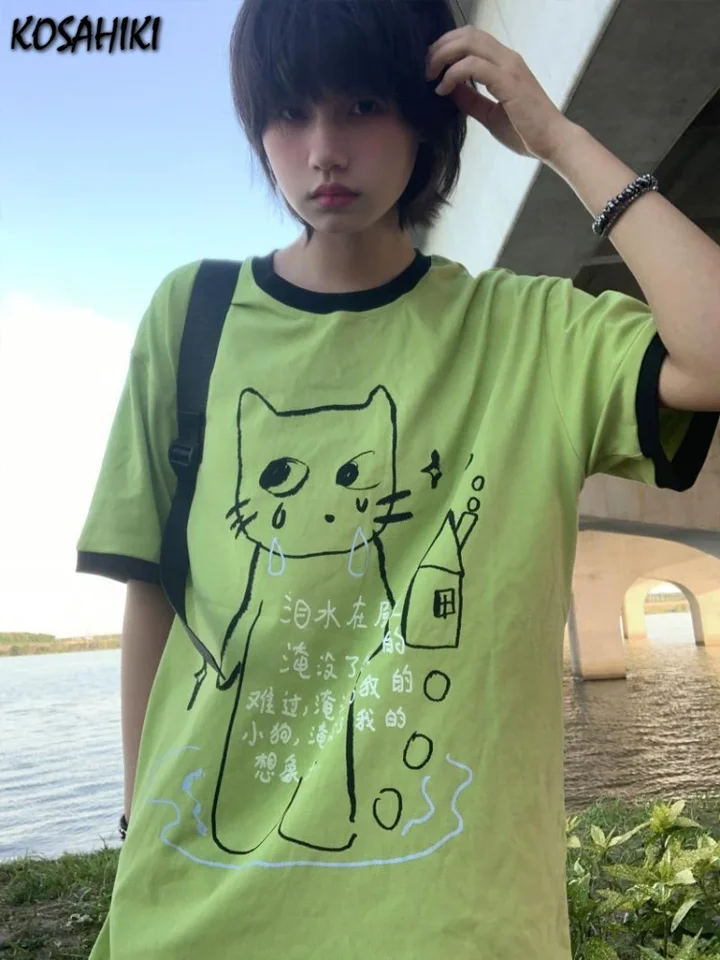 Y2K estetics tričko Ženy Japonské harajuku grunge karikatúry tlačené vrcholy e-dievča Fairycore Contras Color Cute Graphic T tričko