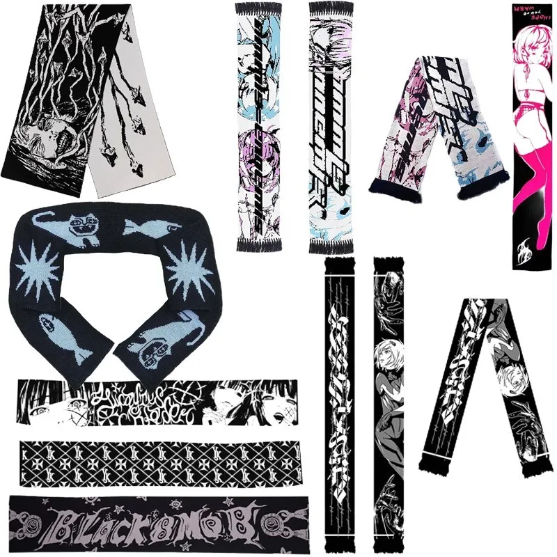 Y2K Fashion Creative Gothic Striped Pletená dámska šatka Pánska zimná šatka Black Cartoon Print tlač Kpop šatky luxus