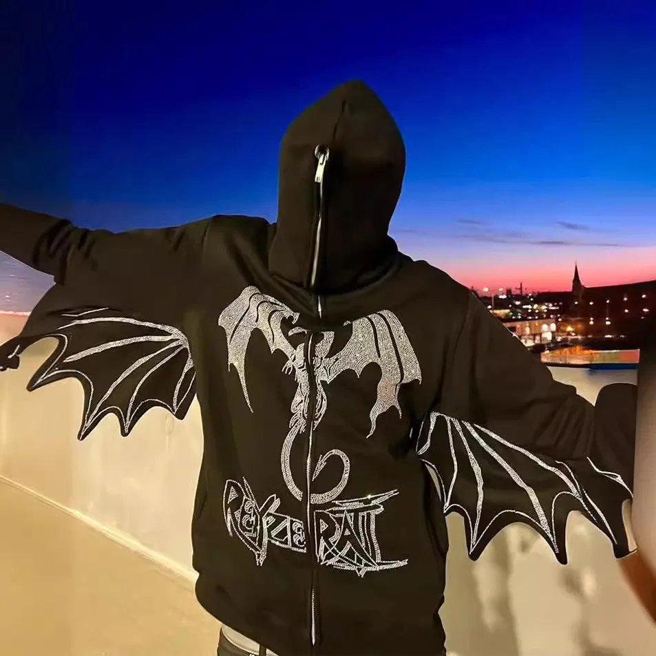 Y2K Fashion Retro Street zips s kapucňou Sweater Fire Dragon Pattern neutrálny športový luxusný sveter s dlhým rukávom