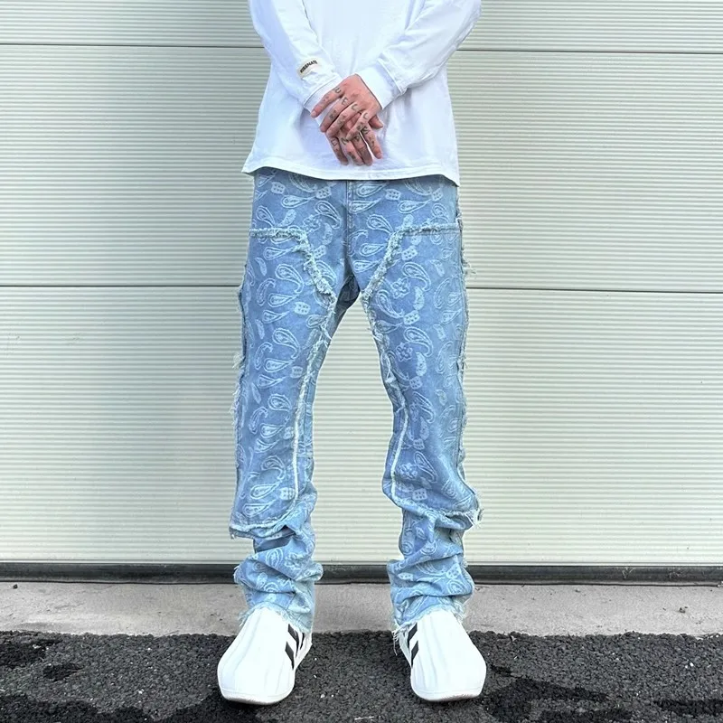 Y2K Frayed Urban Casew Flower Full tlat Patchwork Baggy Flare Džínsy pre mužov Rovné pantalony Hombre nadmerné džínsové nohavice