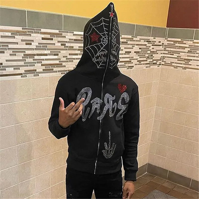 Y2K Full Zip Up mikiny muži na jeseň Zimné gotické kamienky Spider Web mikina hip hopov kostru nadmerne veľtrhový kabát kabát kabáty