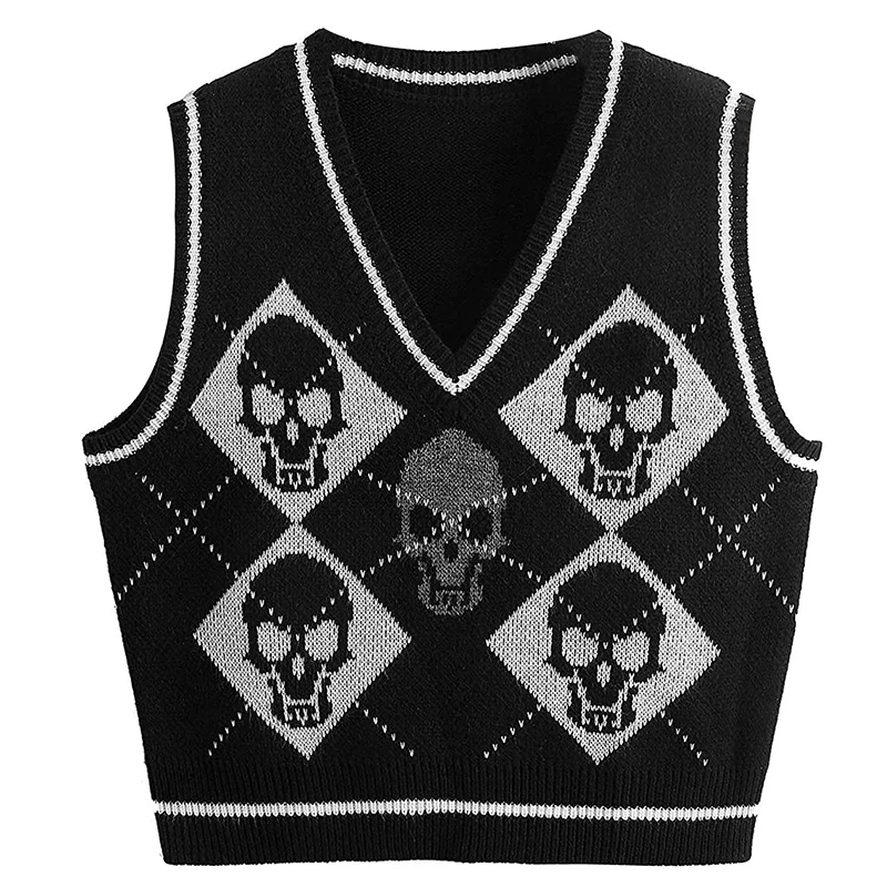 Y2K Gothic Knit Sweater vesta lebka Argyle Print Pattert Pletewew V-krč