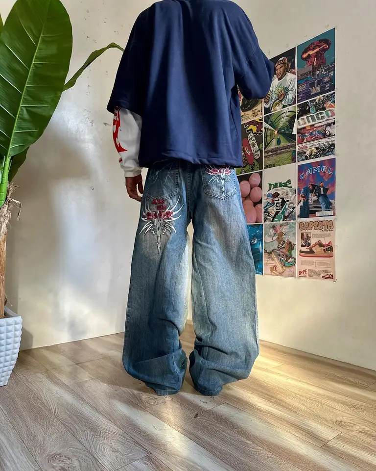 Y2k harajuku hip hop vyšívacie džínsy Men Ženy Goth punk roztrhané nohavice široké nohavice móda retro nové vreckové džínsové nohavice streetwear