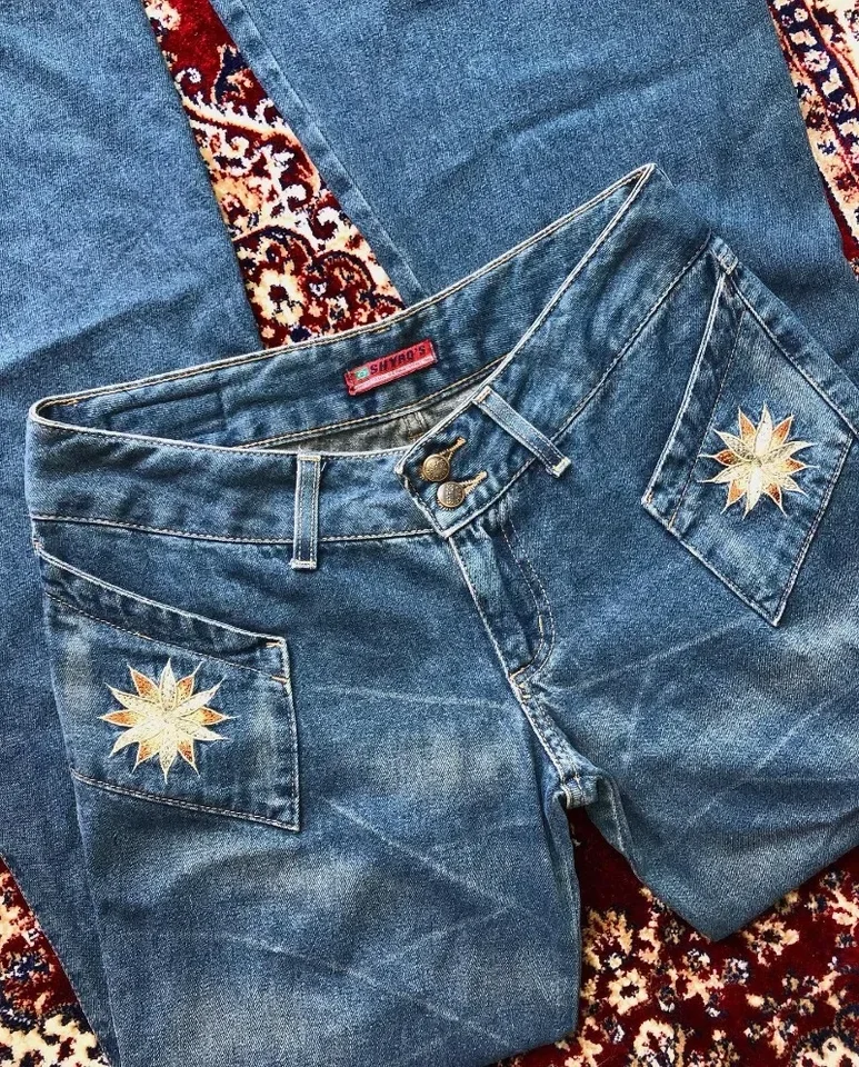 Y2K Harajuku Príležitostný štíhly vysoký vintage hip hopový pás pásový džínsy móda modré umývané kvety vyšívané vreckové džínsy Ženy