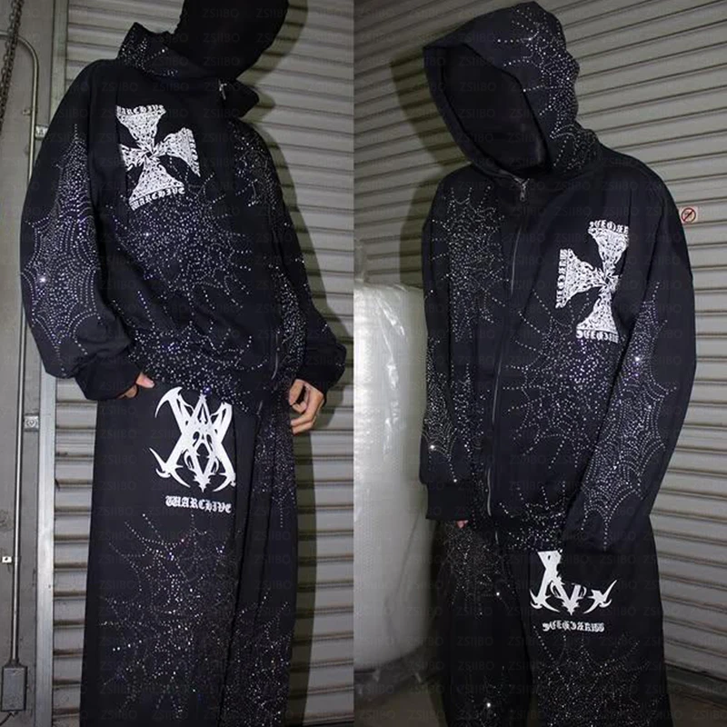 Y2k hip hop gotický pavúk webový kamienok High Street s dlhým rukávom s kapucňou zips top voľný športový nábry zimné zimné ženy Men