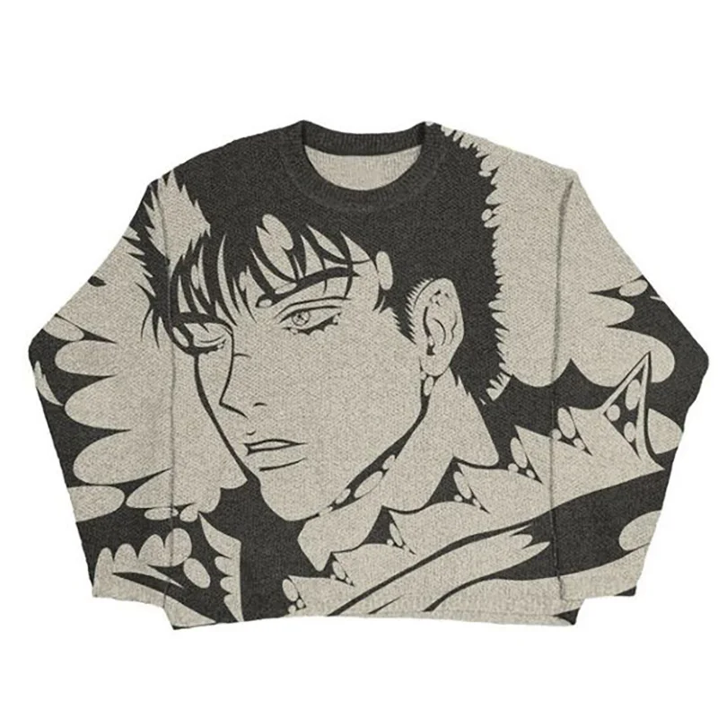 Y2K Hip Hop Streetwear pletený sveter muži gotický portrét tlač pullover