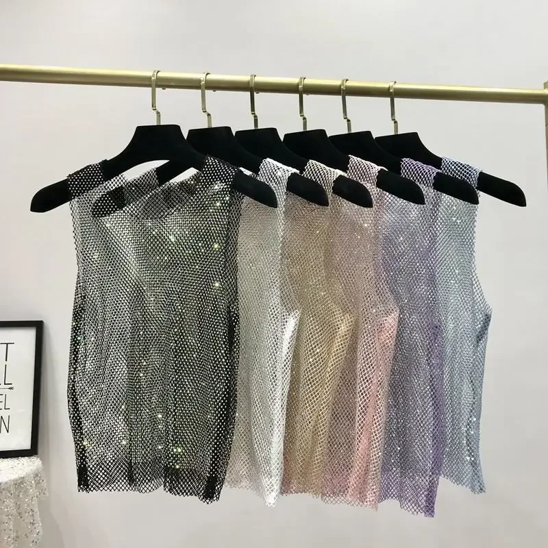 Y2K Hot Girl vesta leto nový štýl jasný dutina Hot Diamond Bling Top Super Fairy Thin Net Trend Dámsky trend