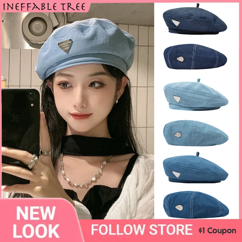 Y2K Japan Jarné letné módne džínsové džínsové klobúk pre ženy Men Triangulárne kovové logo francúzsky maliar umelec baret čiapky gorras