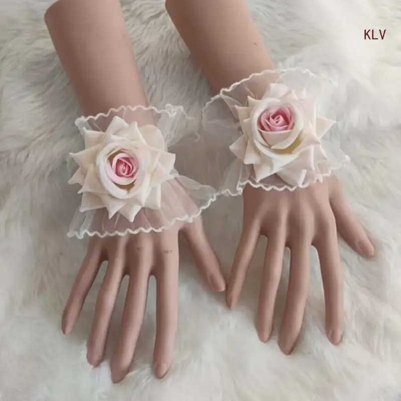 Y2k kvetinová ružová čipka Cuff Stretch náramok False rukávy zápästie zápästia Vintage číre kvetinové čipkové rukavice