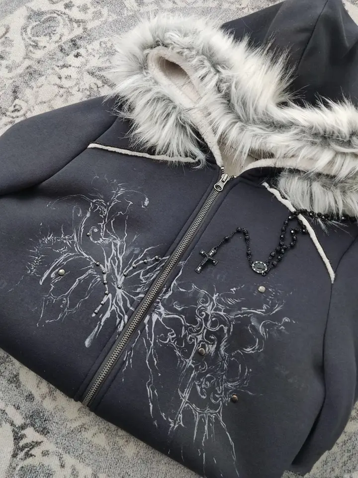 Y2K Kórejský štýl kožušinový golier kamienok Dbinestone tlač na zips s kapucňou, streetwear umenia retro goth trend voľný pár dlhé rukávy