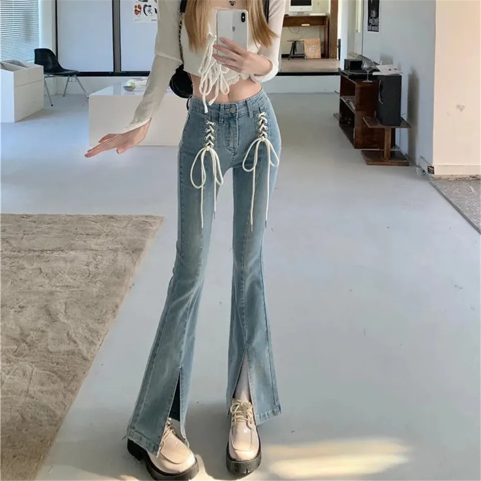 Y2K Lace-Up Flare Jeans 4xl vintage roztomilé kawaii nohavice estetické streetwear neformálne zvončeky Ženy Kórejské zúfalé Jean