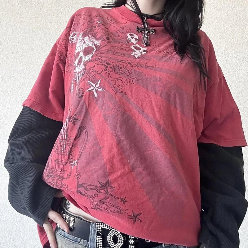 Y2K Mall Goth E-Girl Tops Halloween kostým y2k grunge kybernetická lebka tričko 2000-tych rokov vintage vrstvené pulvovery s plným rukávom